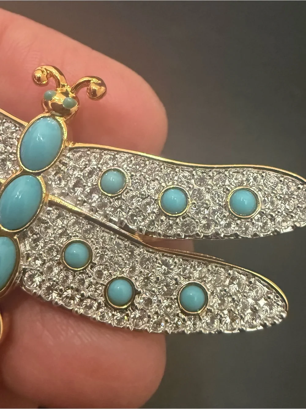 Rare Retired SWAROVSKI Swan Signed Pave Crystal Faux Turquoise Dragonfly Brooch